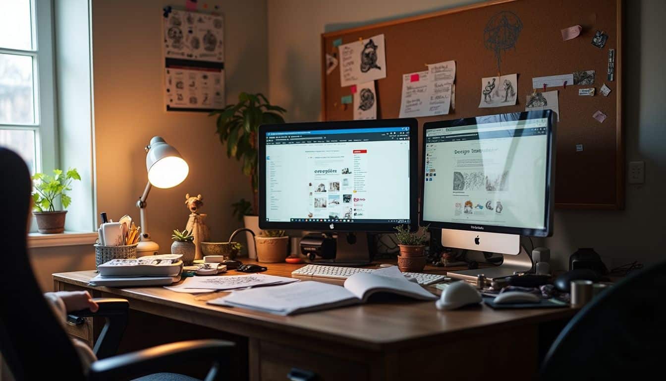 A casual home office scene features a cluttered desk with graphic design materials and open websites.