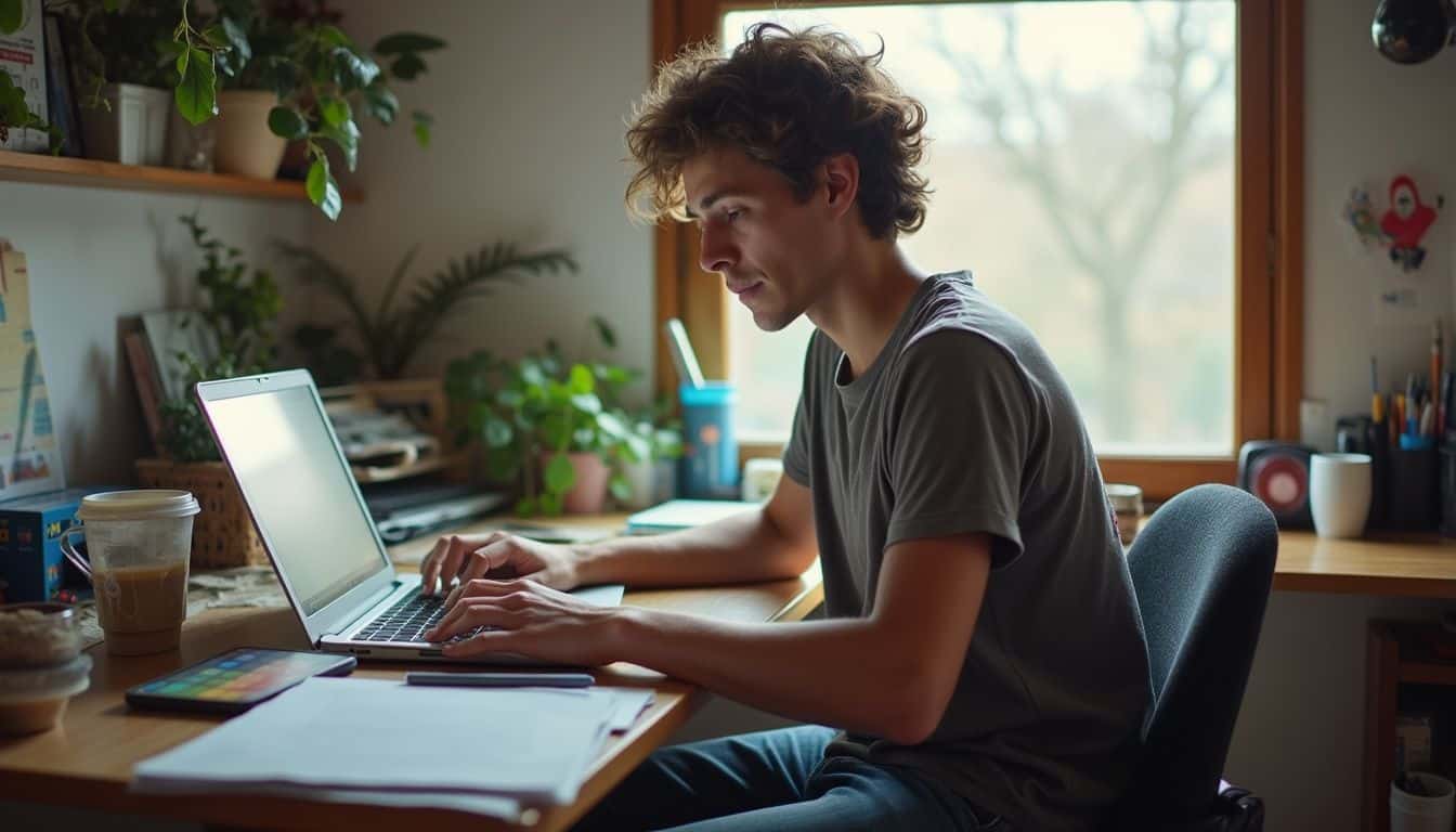 A person works intently at a cluttered home office desk, surrounded by papers and a coffee mug.