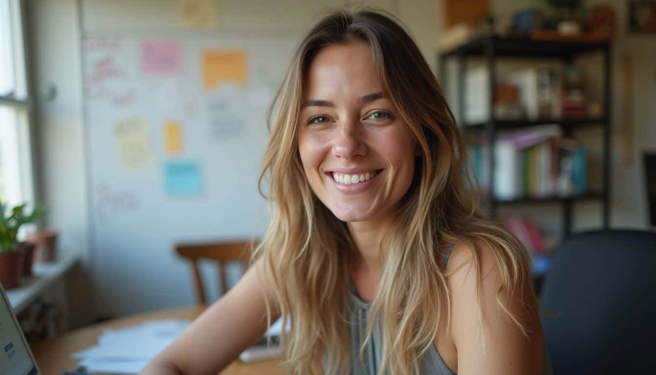 A casually dressed woman in her mid-30s teaches graphic design during a video call from her cluttered home desk.