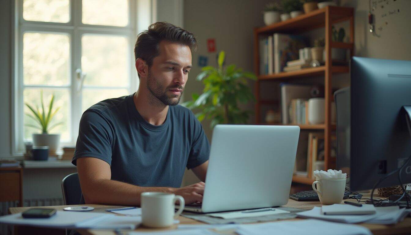 A casually dressed man in his mid-30s works at a cluttered home office desk, focused on his laptop.