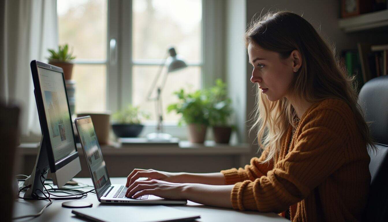 A woman in her late 20s works casually at a cluttered home office desk, browsing freelance graphic design sites.