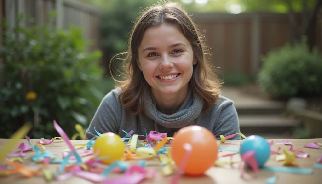 A graphic designer stands behind a table filled with colorful party decorations for an upcoming birthday celebration.