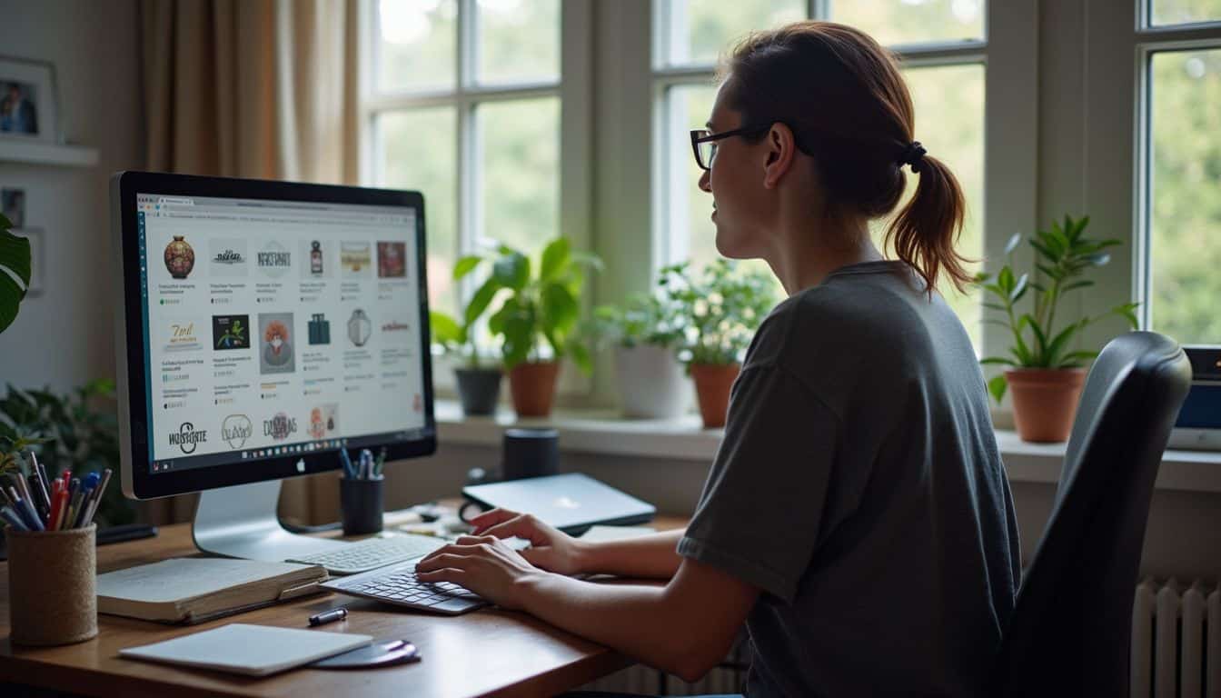 A casual home workspace shows a person focused on a computer with scattered art supplies around.