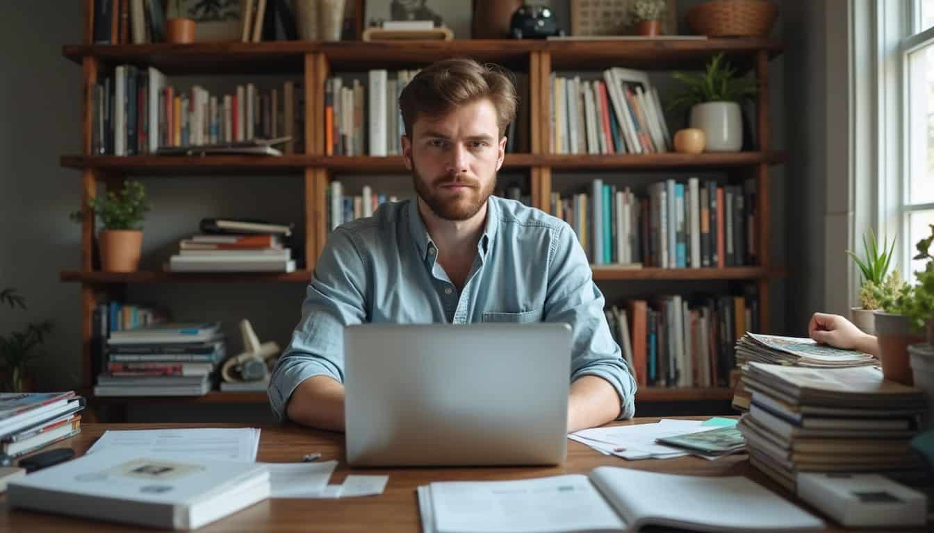 A man in his 30s works intently at a cluttered home office desk filled with books and digital product boxes.
