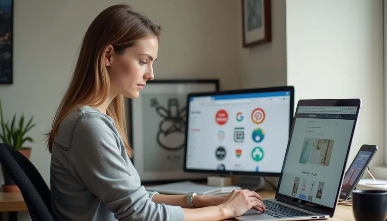 A woman in her late 20s works casually at a cluttered home desk filled with design-related browser tabs.