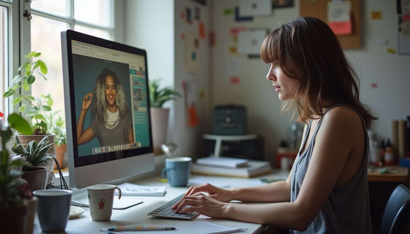 A woman in her late 20s works casually on podcast cover art at a cluttered desk.