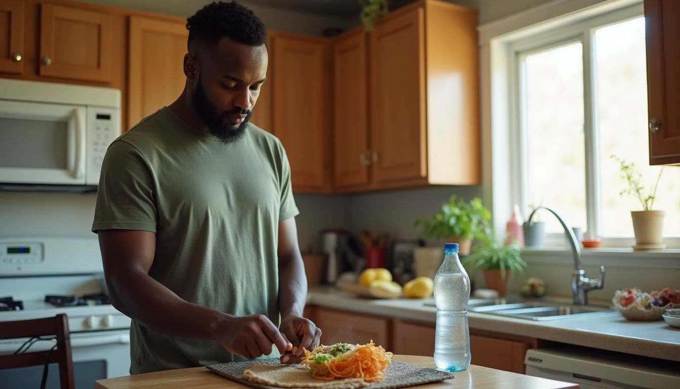 Freshly prepared meal with pasta, vegetables, and bread on a kitchen counter, with natural light from the window illuminating the scene.