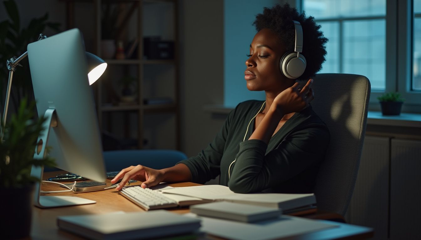 Relaxed woman in headphones enjoying music at her desk during work or study in a modern, cozy home office with natural lighting.
