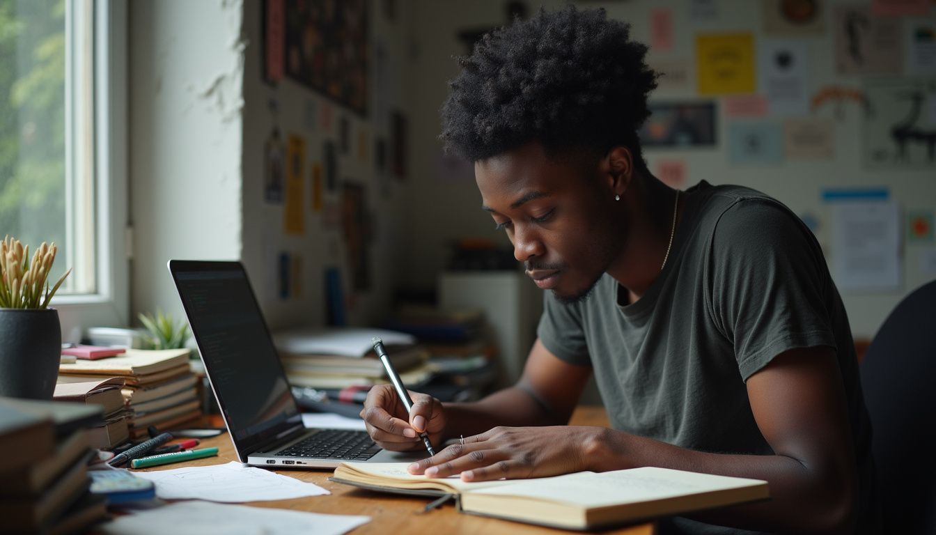 Focused young man writing in notebook at desk with laptop, surrounded by books and study materials in a cozy home office, emphasizing productivity and learning, high-quality image for education and work inspiration.