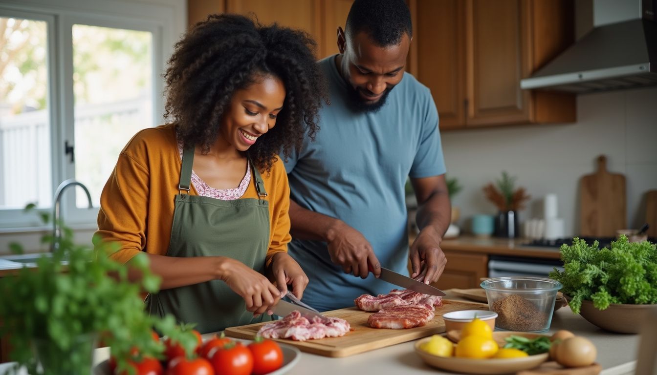 Freshly cut meat being prepared on a wooden cutting board by a smiling couple in a cozy kitchen with natural light, surrounded by vegetables and herbs for cooking, demonstrating healthy meal prep and kitchen skills.