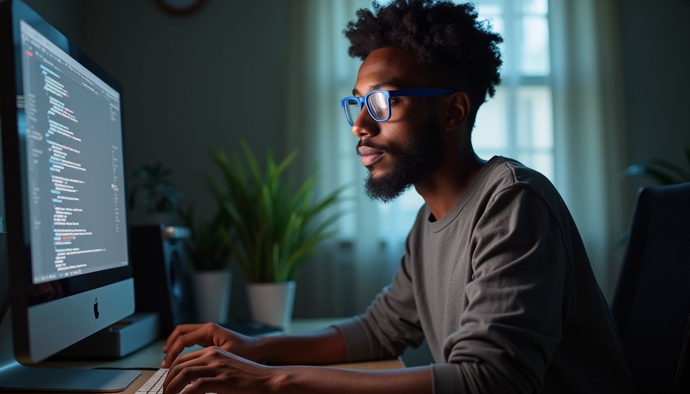 Code programming, software development, tech workspace, geek culture, modern workstation, young developer, technology enthusiast, programming skills, hackathon, innovative coding, software engineer, tech gadgets, computer science, programming language, coding creator.