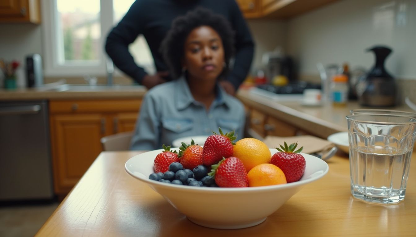 Fresh mixed fruit bowl with strawberries, blueberries, and citrus, on a wooden table in a cozy kitchen setting.