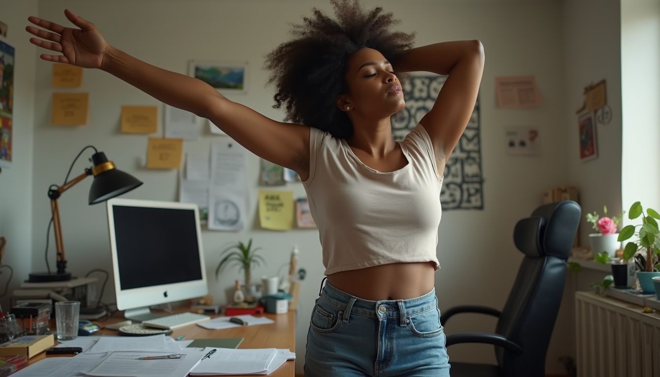 Relaxing woman stretching at home, embracing self-care and wellness, bright workspace with plants, desk, and computer in the background, demonstrating stress relief and mindfulness, modern indoor environment.