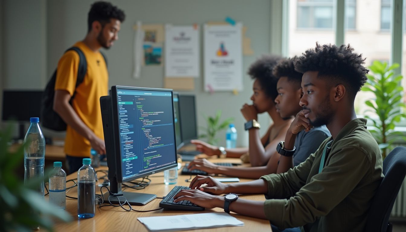 Coding students working on programming projects in a classroom setting, focusing on software development and technology education.