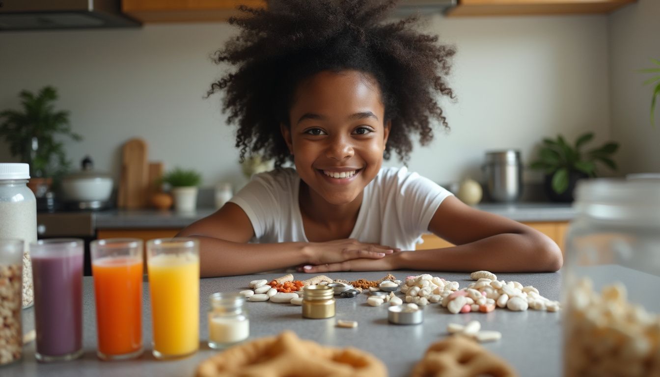 Medication and supplements for health and wellness, organized on a kitchen countertop with a smiling girl in the background.