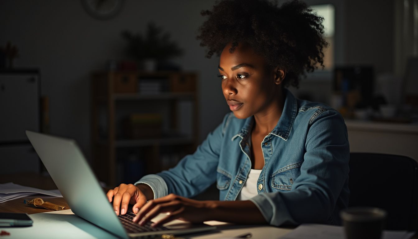 Focused woman working on a laptop at night in a home office, illuminated by screen light, with books and office supplies in the background.