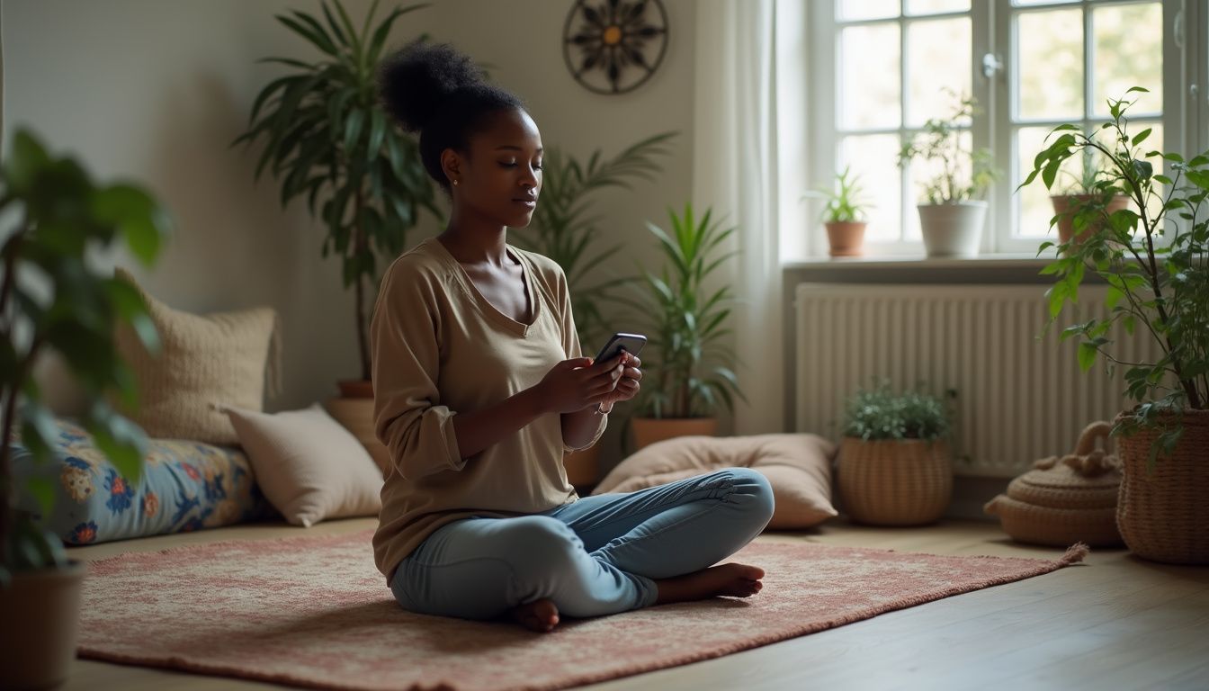 Woman using smartphone, cozy indoor setting with houseplants, natural light, relaxed atmosphere, casual clothing, home decor, living space, digital connectivity, lifestyle image, peaceful environment.