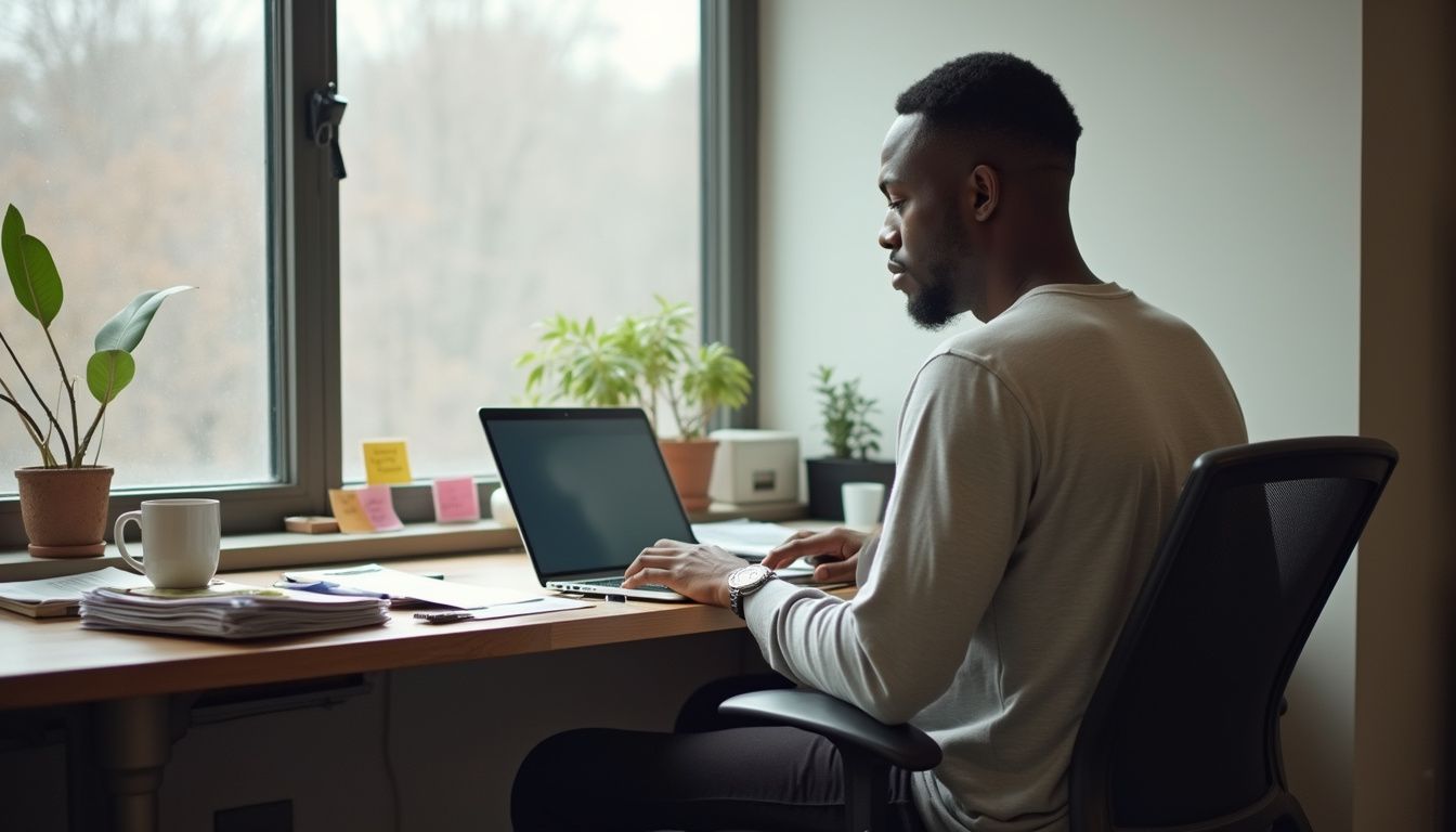 Focused young man working on laptop at modern office desk with plants and natural light, technology, productivity, and workspace design.