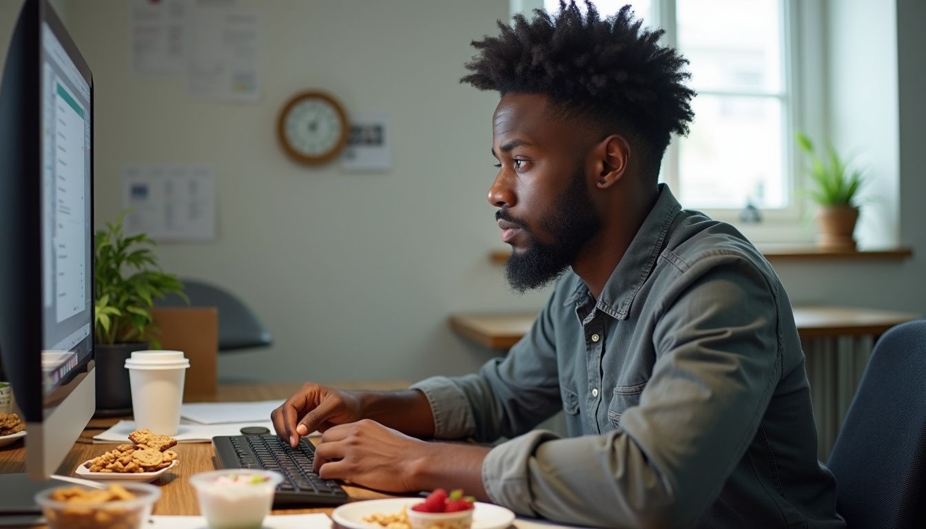 Tech-savvy man working on a desktop computer in an office setting with snacks and coffee, modern workspace, focused on digital tasks, casual professional environment.