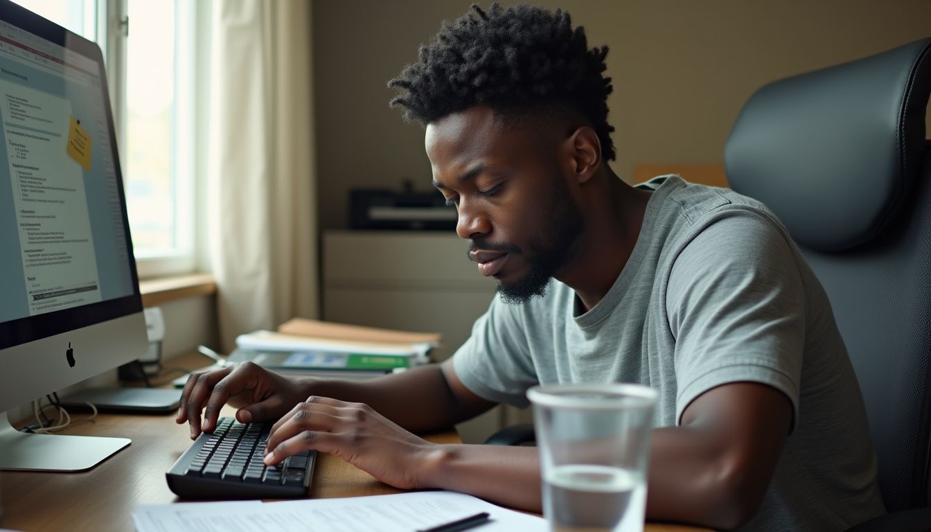 Keyboard typing on computer for work or study, man concentrating on task at desk, technology, digital workspace, productivity, modern office environment, focused young man in casual clothing.