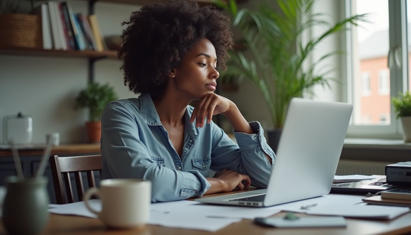 Woman working on laptop at home office, modern workspace with plants and books, focused female with curly hair, productivity, remote work, cozy interior, natural lighting.
