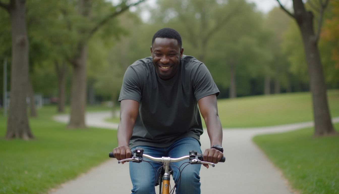 A smiling man riding a bicycle on a park trail surrounded by green trees and grass, enjoying outdoor exercise and recreation.
