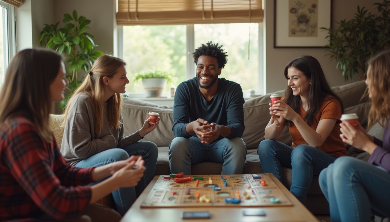 Smiling group of friends playing board game and enjoying drinks at home.