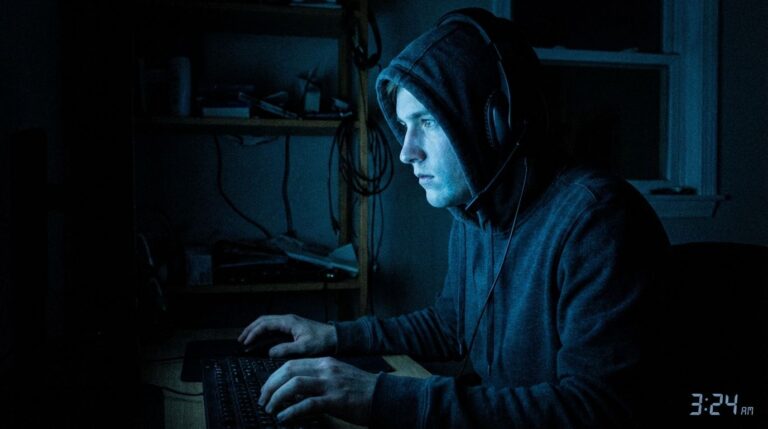 High-quality gaming setup with headset, keyboard, and monitor in a dimly lit room for immersive online gaming experience.