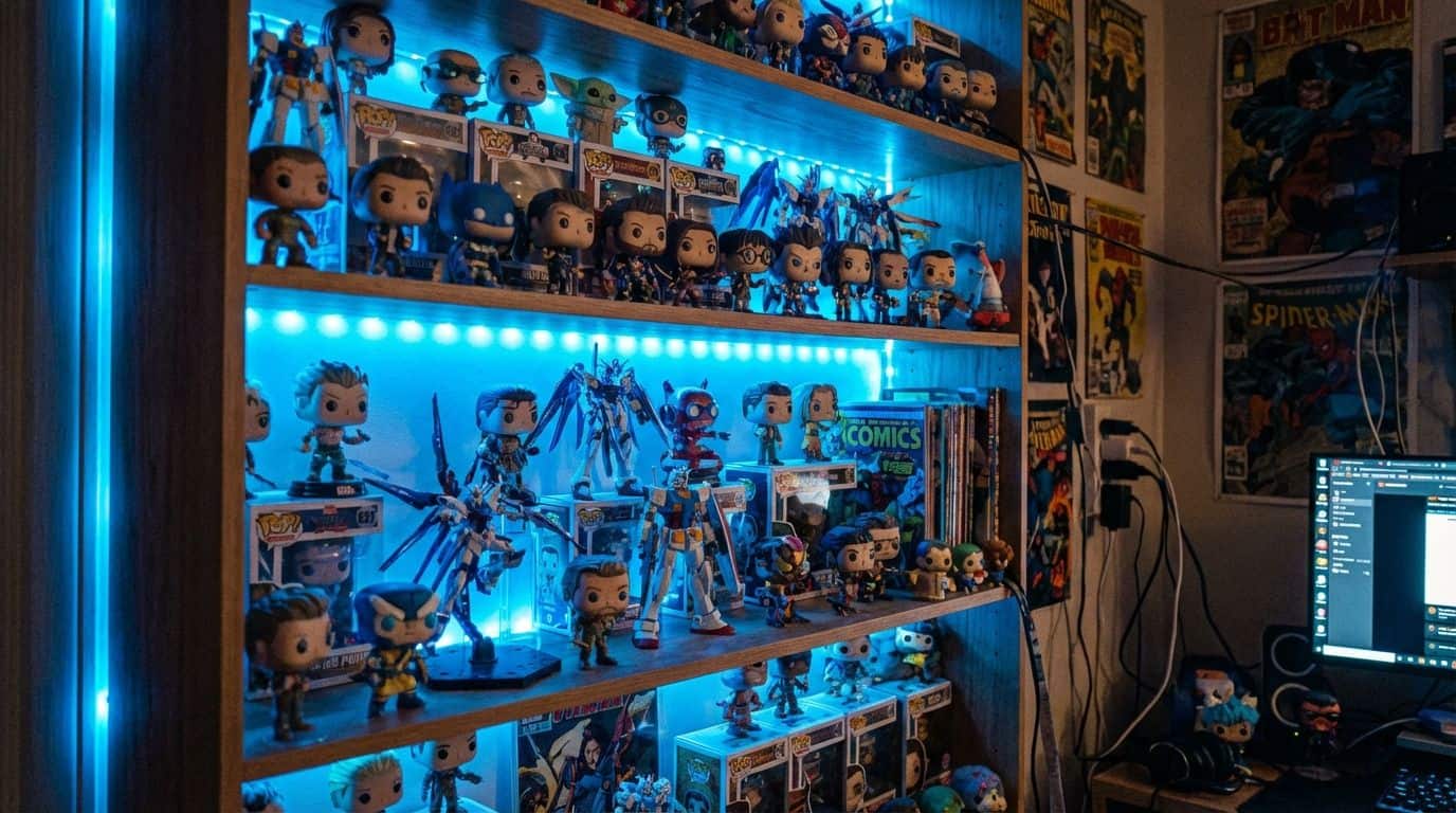 Brightly lit shelves showcasing a collection of popular Funko Pop! figures with blue LED backlighting in a gaming or comic room.