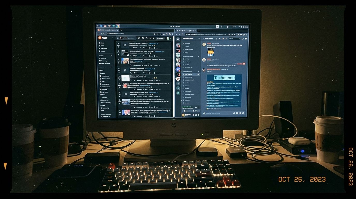 A dark desk setup featuring a dual monitor displaying social media and messaging apps, a backlit keyboard, and various tech accessories, perfect for gamers and tech enthusiasts.