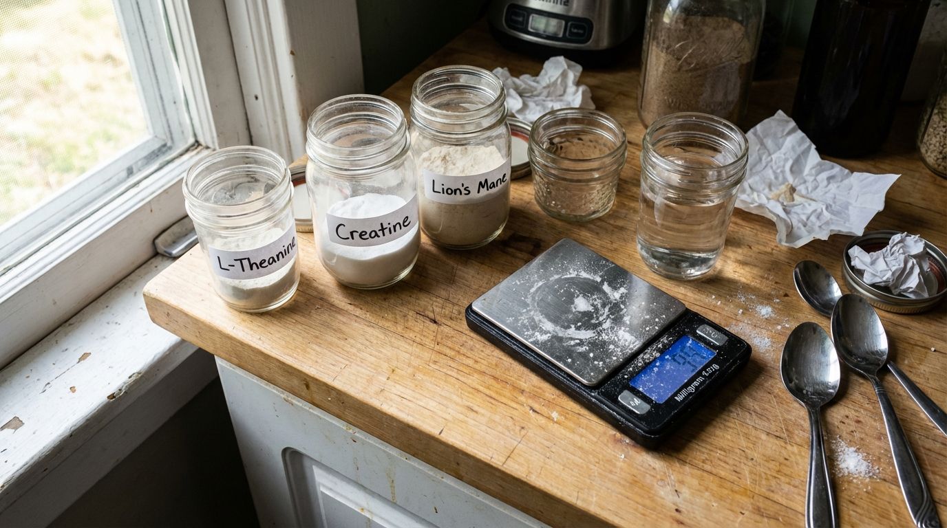 A kitchen counter displaying various nootropic supplements like L-Theanine and Lion's Mane. A kitchen counter displaying various nootropic supplements like L-Theanine and Lion's Mane.