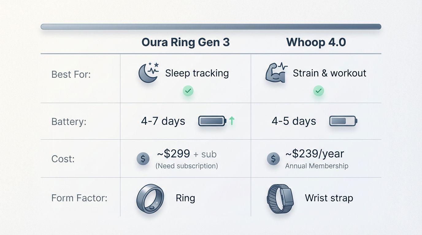 Comparison chart detailing features of Oura Ring Gen 3 versus Whoop 4.0. Comparison chart detailing features of Oura Ring Gen 3 versus Whoop 4.0.