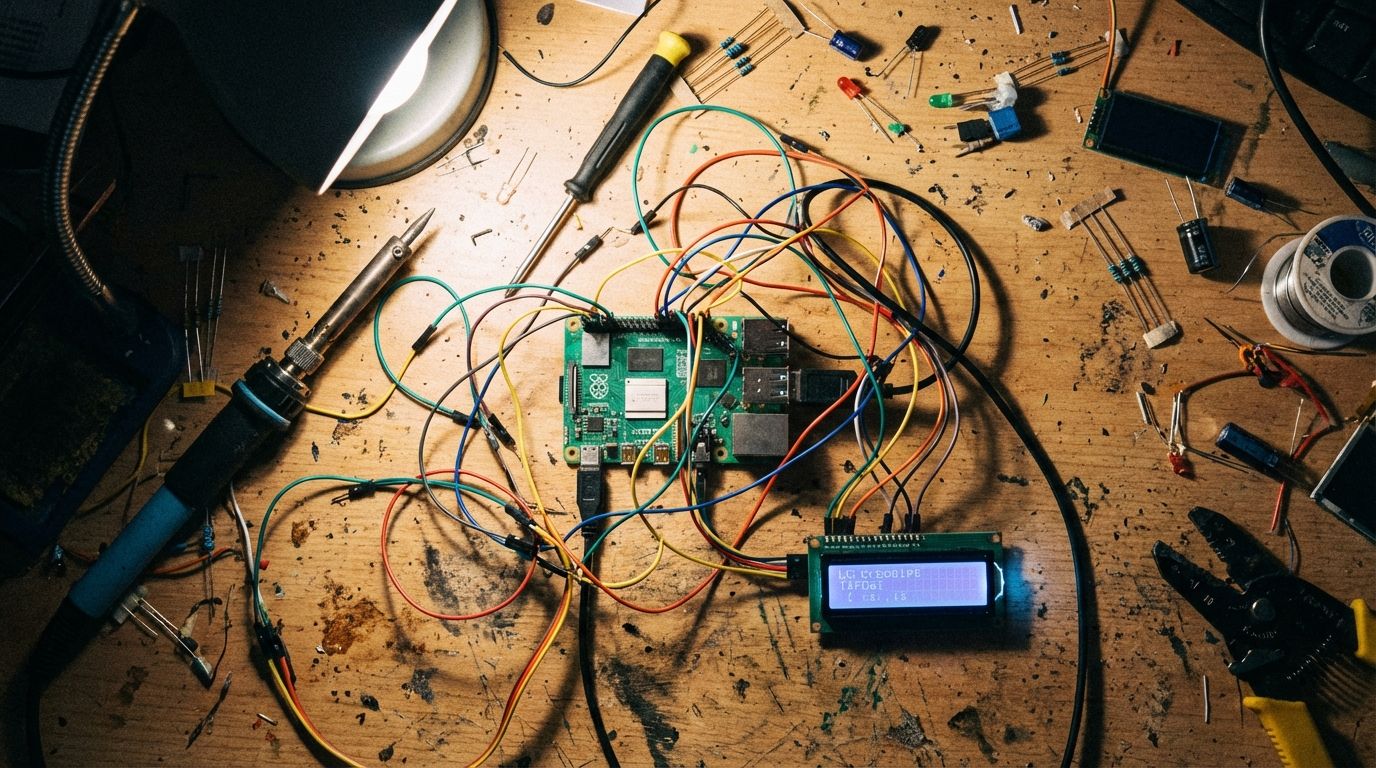 A DIY electronics project featuring a Raspberry Pi, LCD display, soldering tools, resistors, capacitors, and connecting wires on a cluttered workbench.