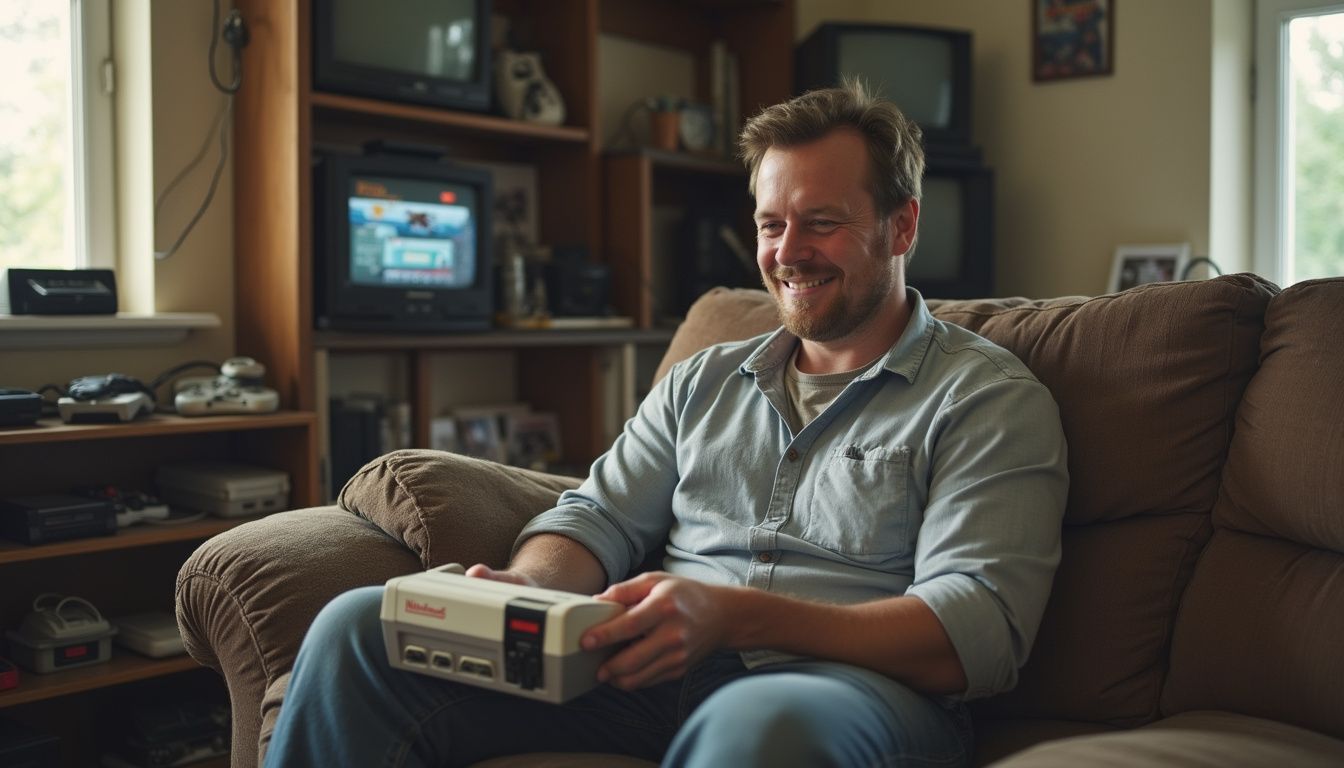 A relaxed man enjoys playing an original Zelda game on a vintage Nintendo in a cluttered, cozy living room. Enhanced ALT: Man enjoying retro gaming with vintage console in cozy living room, surrounded by old TV and gaming collection, highlighting gaming nostalgia and entertainment.
