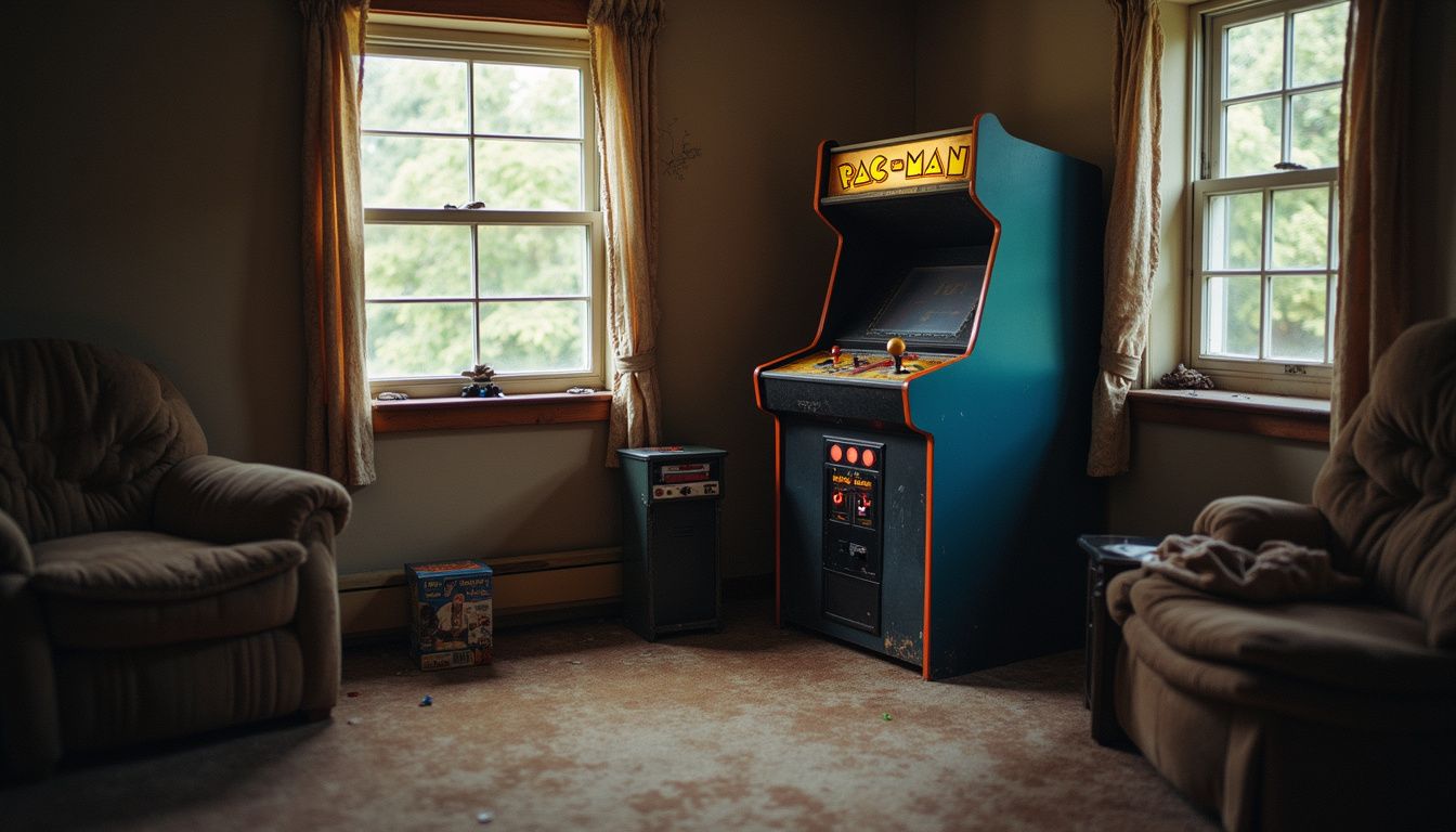 A worn 1980s arcade cabinet featuring classic games sits in a cozy, lived-in room filled with casual clutter. retro gaming culture early arcade games and their influence 412996856
