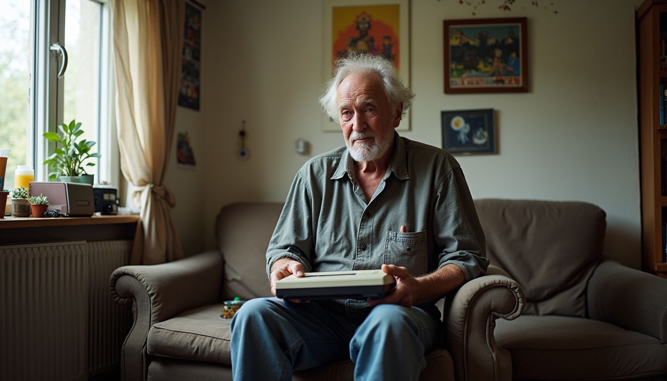 Old man holding vintage gaming console, sitting on cozy sofa in living room, surrounded by natural light, books, and framed artwork, showcasing nostalgic gaming passion and modern relaxation.