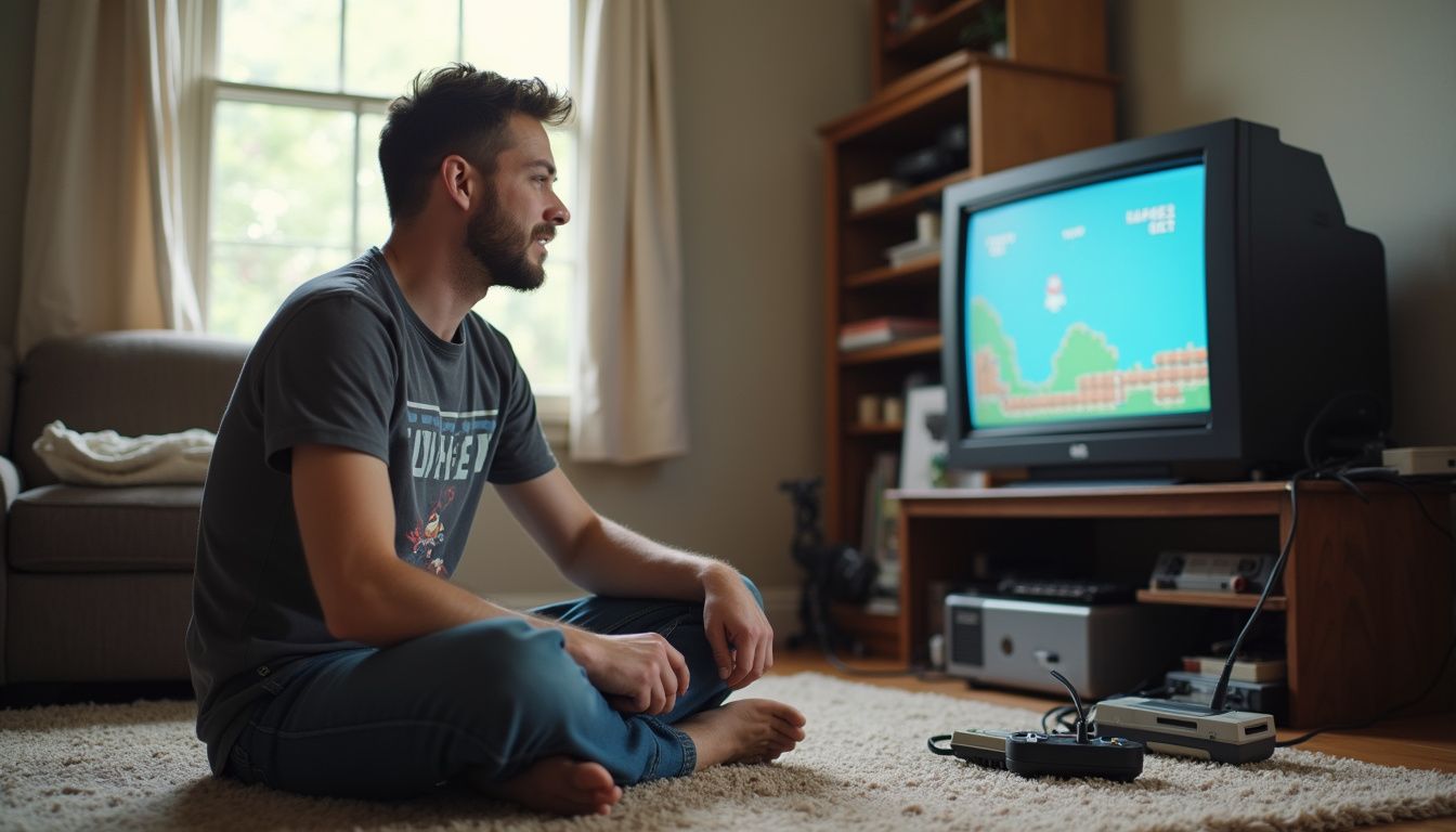 A man in his 30s enjoys playing a classic platformer on a CRT TV surrounded by retro gaming gear. Relaxed man gaming on vintage console with TV, capturing entertainment and gaming lifestyle for tech enthusiasts.