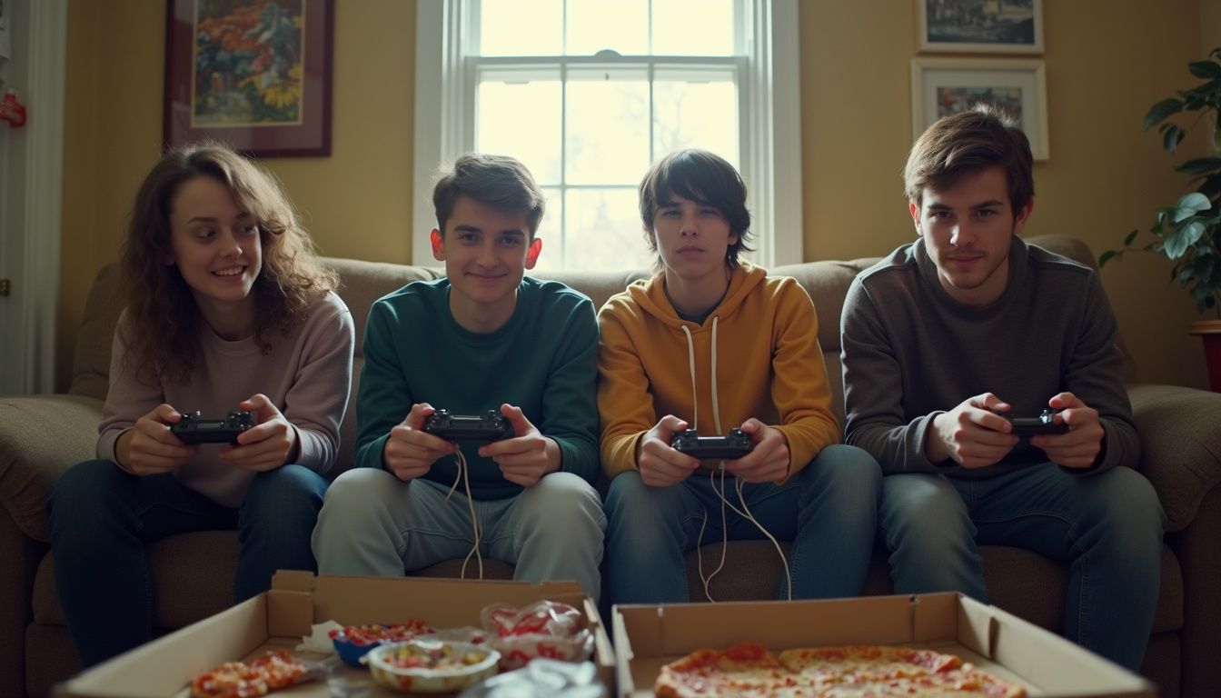 A casual group of friends enjoys gaming together on a couch, surrounded by snacks and pizza boxes. Young friends playing video games on sofa with controllers.