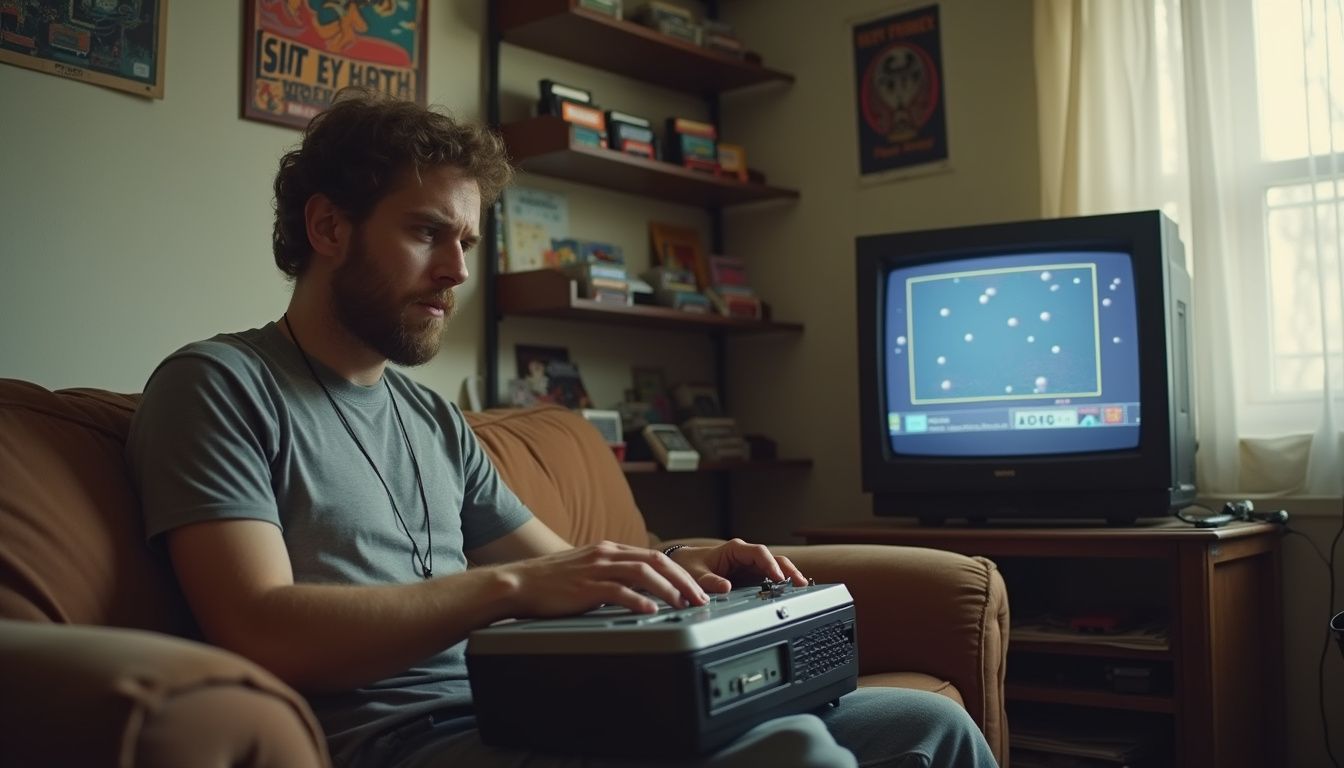 A man in his 30s relaxes on a worn couch, playing an old Atari console amidst vintage decor. Vintage gaming environment featuring old-school console and CRT television displaying pixelated game graphics.