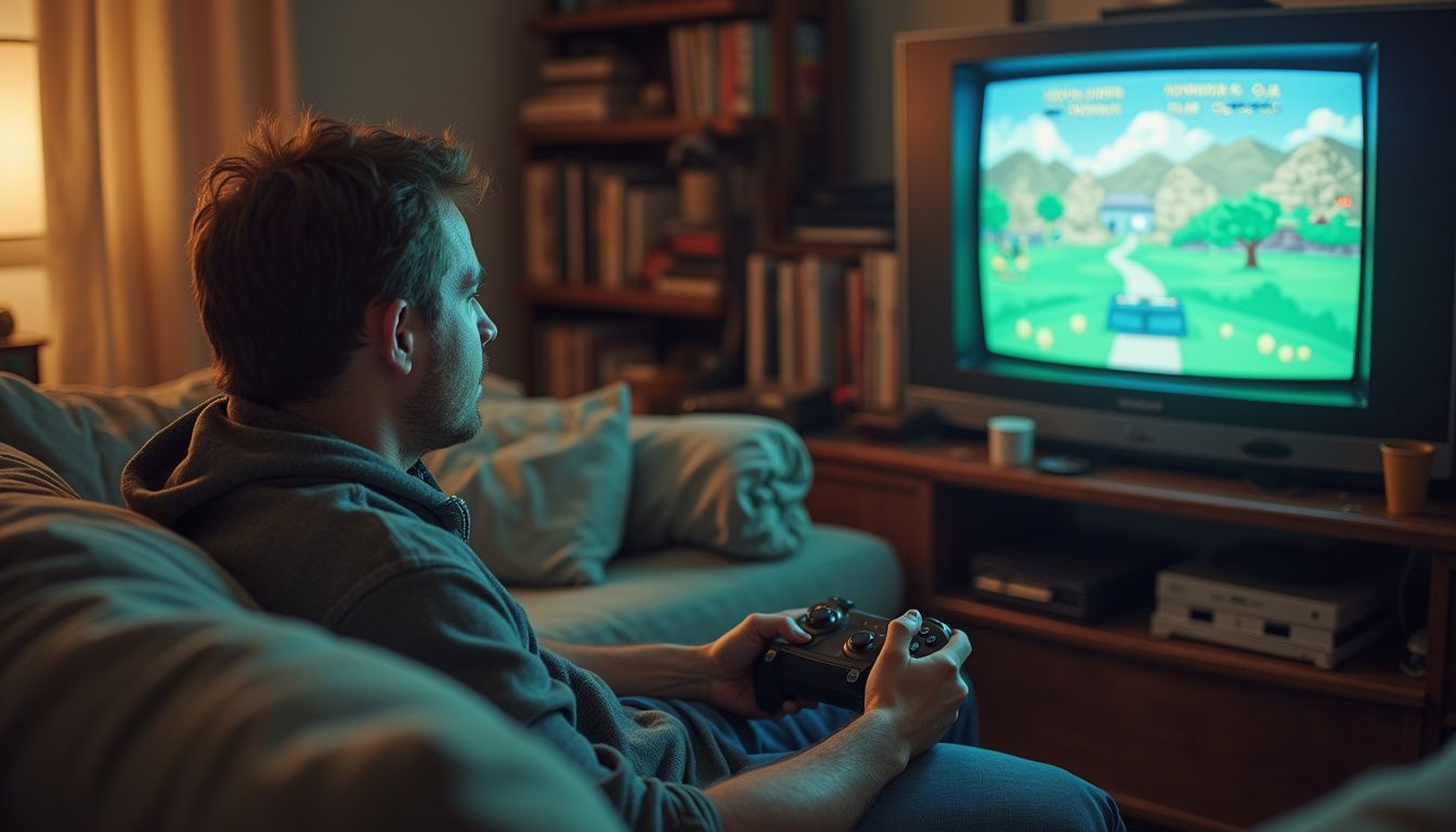 A man in his 30s enjoys playing a retro video game on a vintage CRT TV in a cozy, cluttered living room. A young man enjoying a gaming session on his TV with a console controller, relaxed in a cozy living room, immersed in a colorful cartoon-style racing game on the screen.