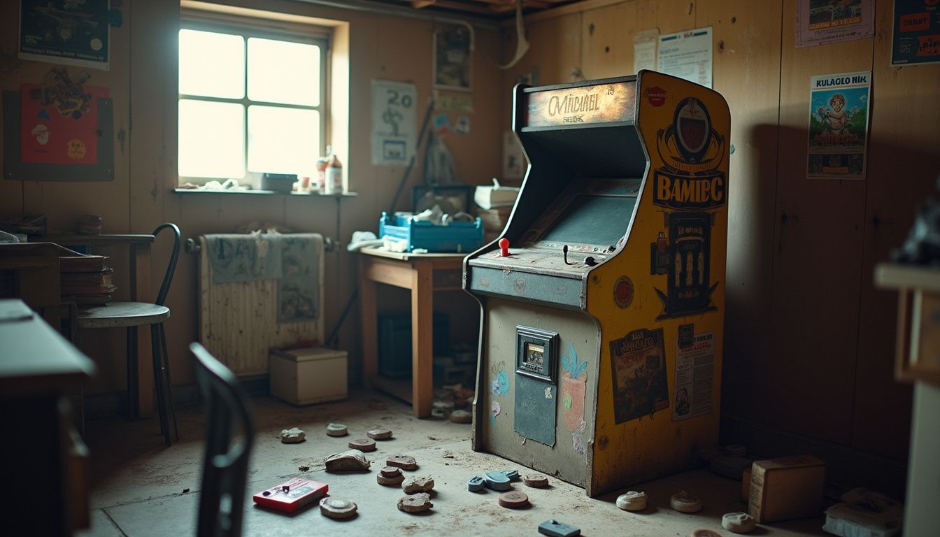 A worn arcade cabinet and scattered game cartridges create a nostalgic, cluttered basement gaming space. A worn arcade cabinet and scattered game cartridges create a nostalgic, cluttered basement gaming space.