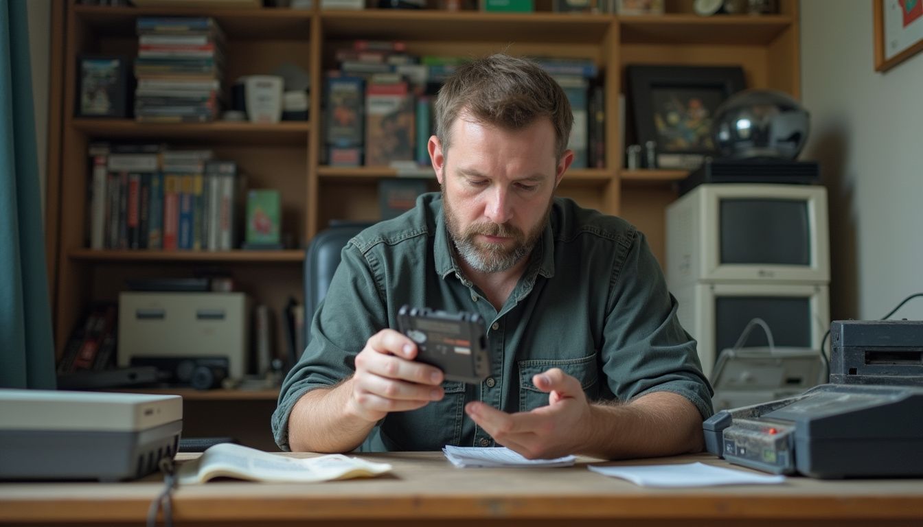 A man in his 30s inspects a vintage video game cartridge at a cluttered desk filled with old consoles. A man examining electronic components with vintage tech devices around him in a cozy home office.