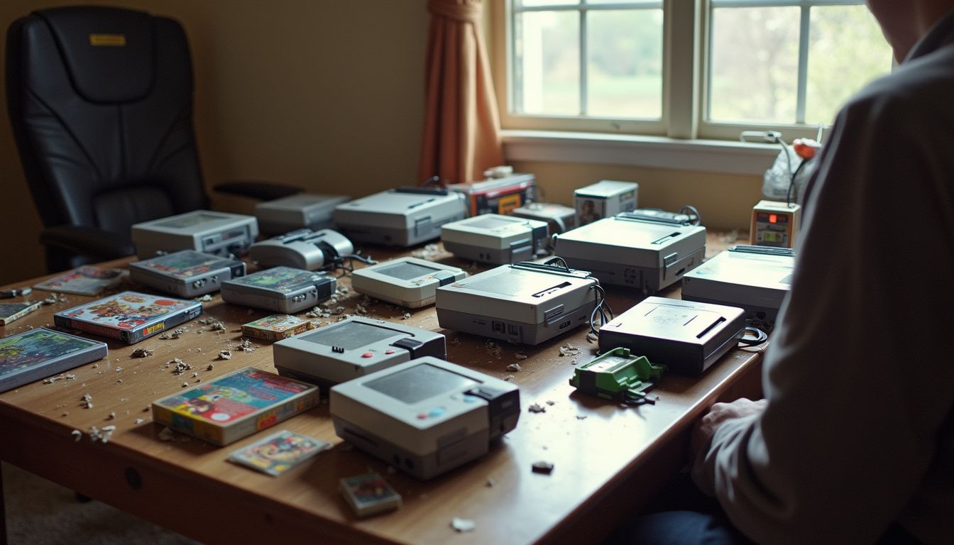 A cluttered room features old gaming consoles and cases, capturing a candid moment of everyday life. Close-up of vintage gaming consoles and cartridges on a wooden table, with natural light from window, nostalgic gaming setup.