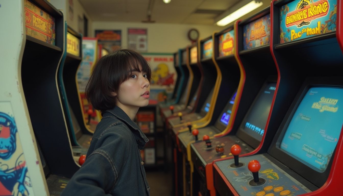 A relaxed person enjoys a classic arcade game amidst nostalgic, slightly worn gaming cabinets and a cluttered atmosphere. retro gaming culture the origins of retro gaming culture 412996371