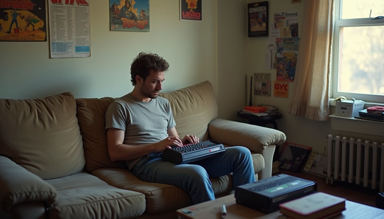 A man in his 30s casually plays an Atari 2600 on a worn couch in a cluttered living room. An indoor scene featuring a young man sitting on a beige couch, using a vintage computer keyboard, with classic posters on the wall and a window letting in natural light, creating a nostalgic gaming environment.