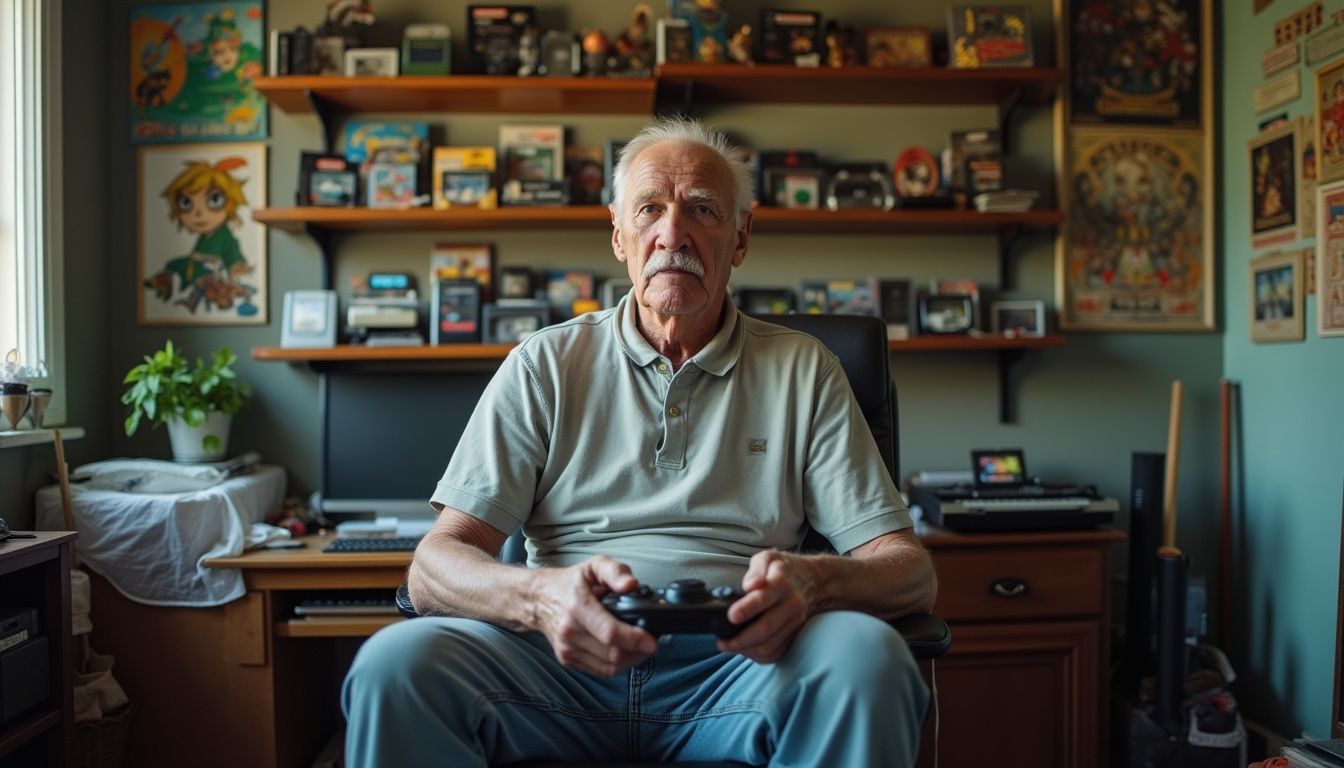An elderly man enjoys playing a remastered version of The Legend of Zelda: Ocarina of Time in a cozy gaming room. A senior man playing video games with a controller in a personal gaming room decorated with gaming memorabilia and tech gadgets.