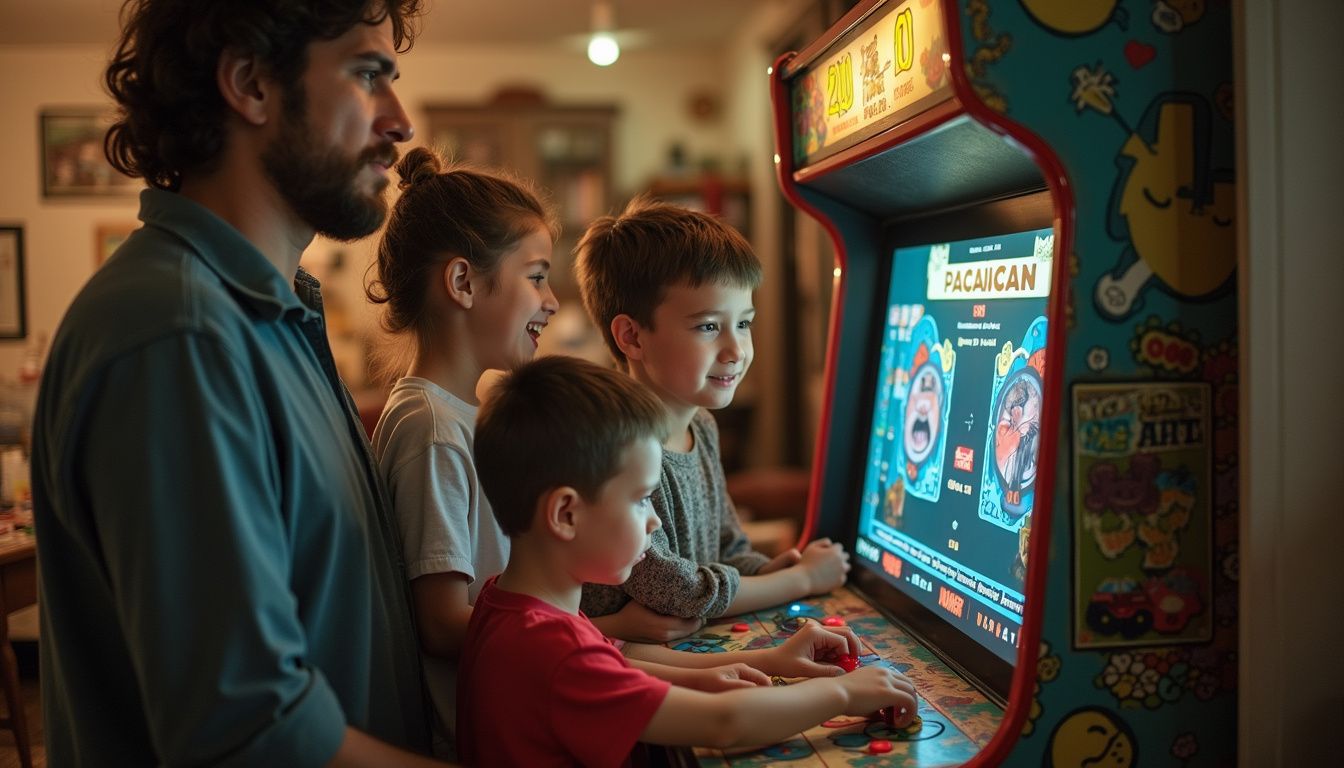 A family of four enjoys playing classic arcade games together in their cozy, lived-in home. Enhanced gameplay experience with colorful vintage arcade machine featuring Pac-Man game.