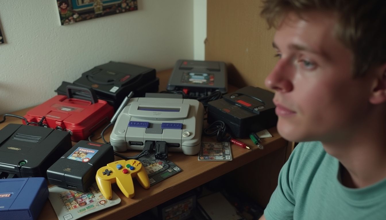 A cozy, cluttered gaming corner features vintage consoles, game cartridges, and faded pixel art posters, with a relaxed person present. Vintage gaming consoles including Super Nintendo, Sega Genesis, and Nintendo 64 with controllers and games.