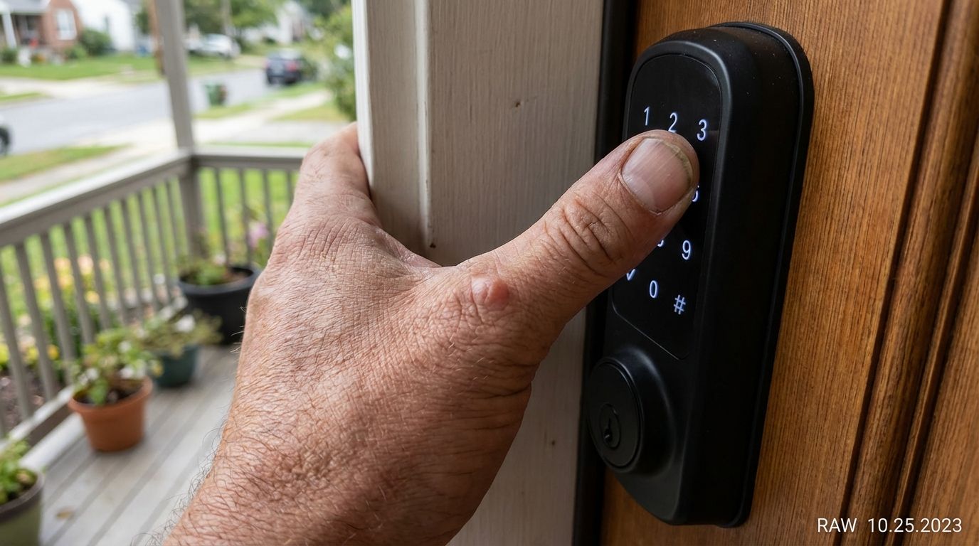 Close-up of a hand with an RFID implant interacting with a digital door lock. Close-up of a hand with an RFID implant interacting with a digital door lock.