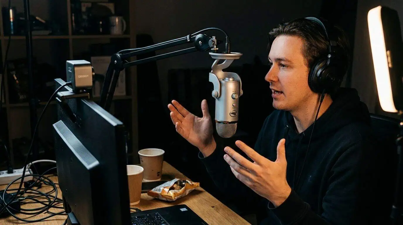 Professional podcast microphone with headphones.